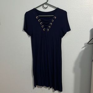 V-Neck Criss Cross Mid Length Shift Dress in Blue